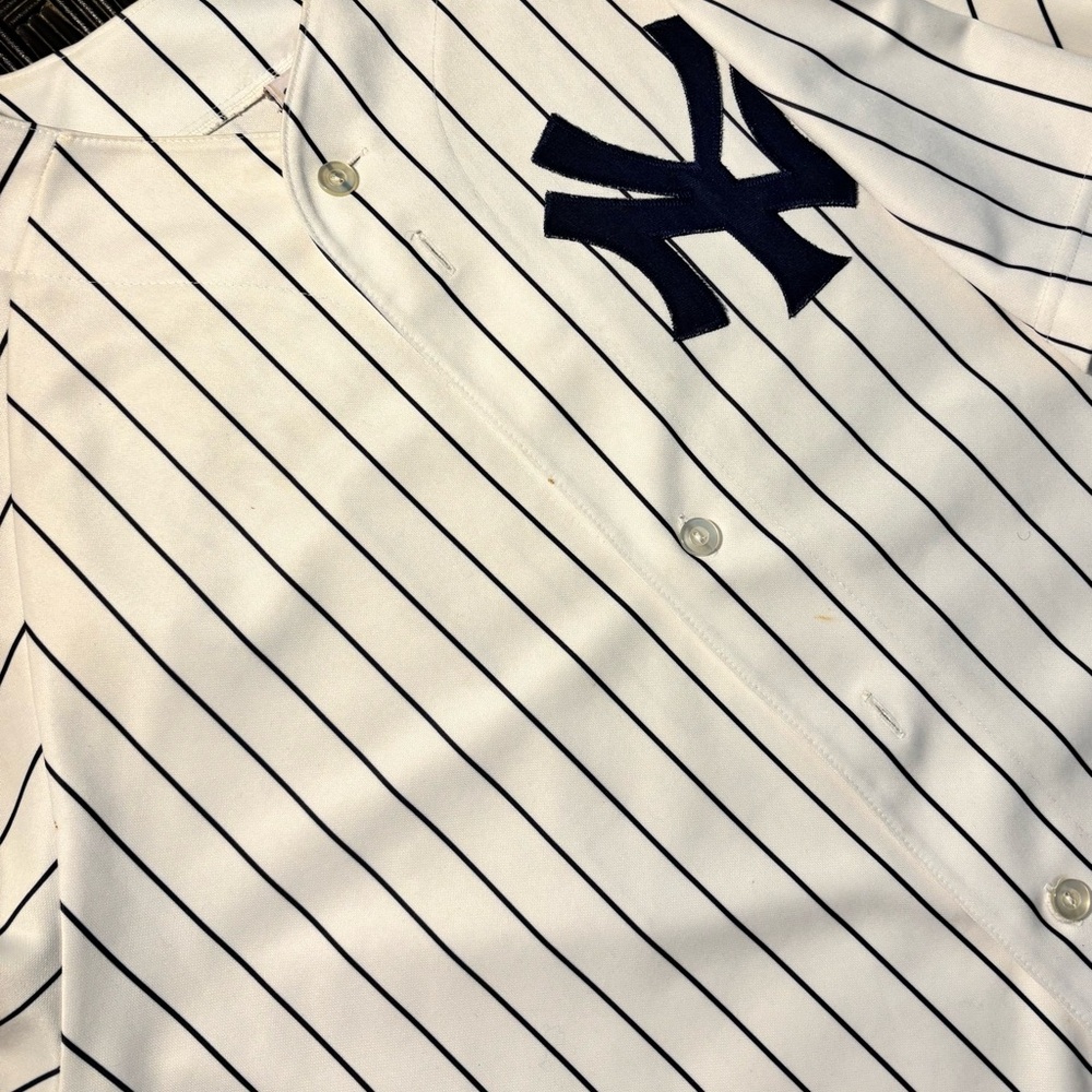 Men's Rare MLB Bernie William’s Yankees White and Black Striped Jersey